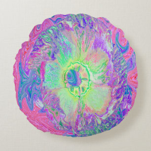 Psychedelic Trippy Lime Green and Purple Hibiscus Round Pillow