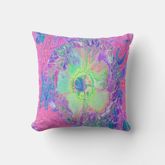 Psychedelic Trippy Lime Green and Purple Hibiscus Throw Pillow (Front)