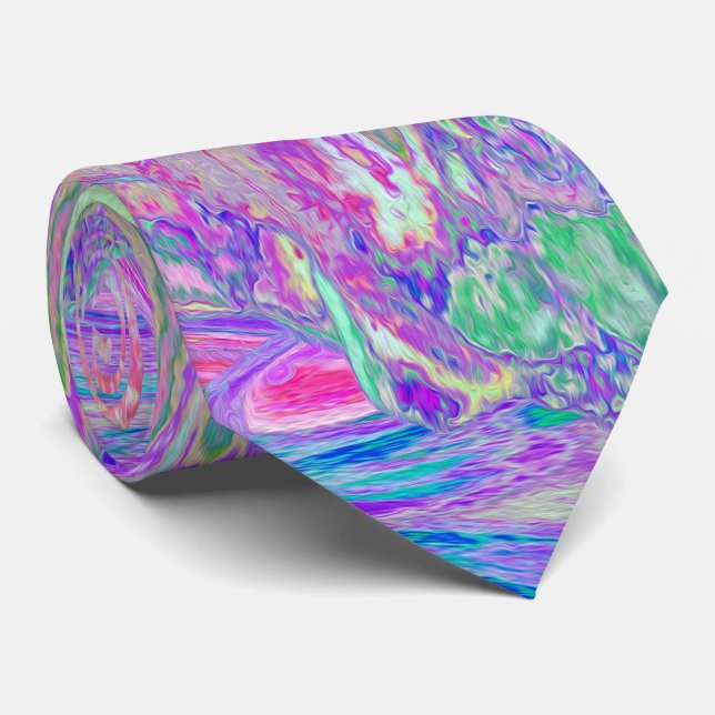 Psychedelic Trippy Lime Green and Purple Hibiscus Tie (Rolled)