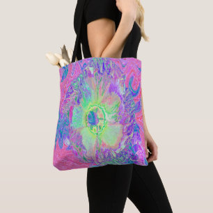Psychedelic Trippy Lime Green and Purple Hibiscus Tote Bag