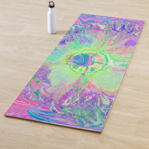 Psychedelic Trippy Lime Green and Purple Hibiscus Yoga Mat