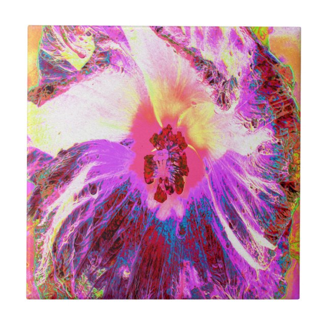 Psychedelic Trippy Rainbow Colours Hibiscus Flower Tile (Front)