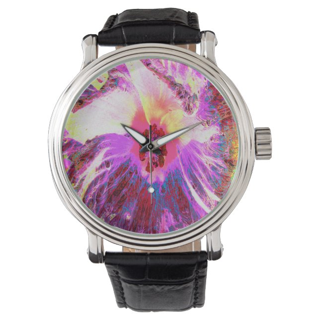 Psychedelic Trippy Rainbow Colours Hibiscus Flower Watch (Front)