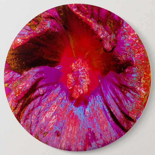 Psychedelic Trippy Retro Red Hibiscus Flower 6 Inch Round Button (Front)