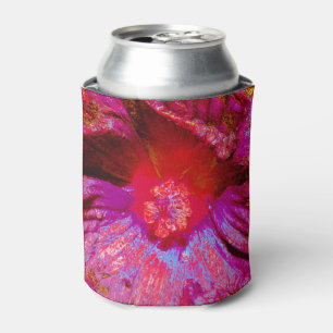 Psychedelic Trippy Retro Red Hibiscus Flower Can Cooler