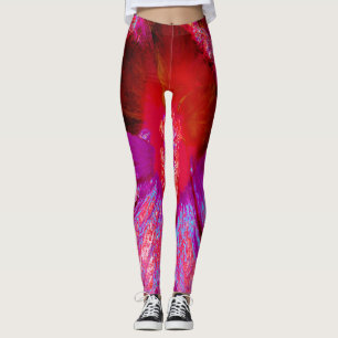 Psychedelic Trippy Retro Red Hibiscus Flower Leggings