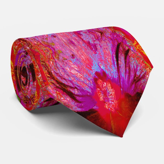 Psychedelic Trippy Retro Red Hibiscus Flower Tie (Rolled)