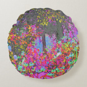 Psychedelic Tropical Festival Garden Sunrise Round Pillow