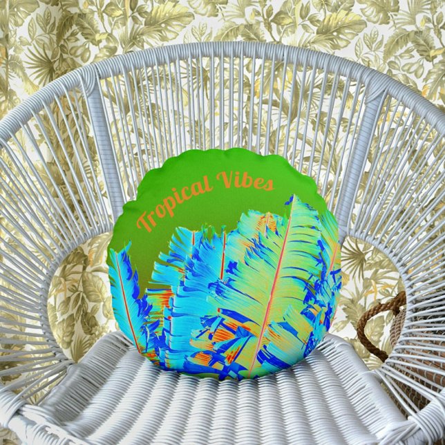 Psychedelic Tropical Vibe Palm Fronds Customizable Round Pillow (Creator Uploaded)