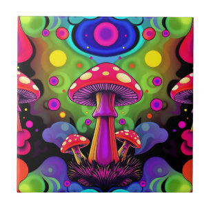 Psychedelic Vibrant Colorful Retro Mushrooms Tile