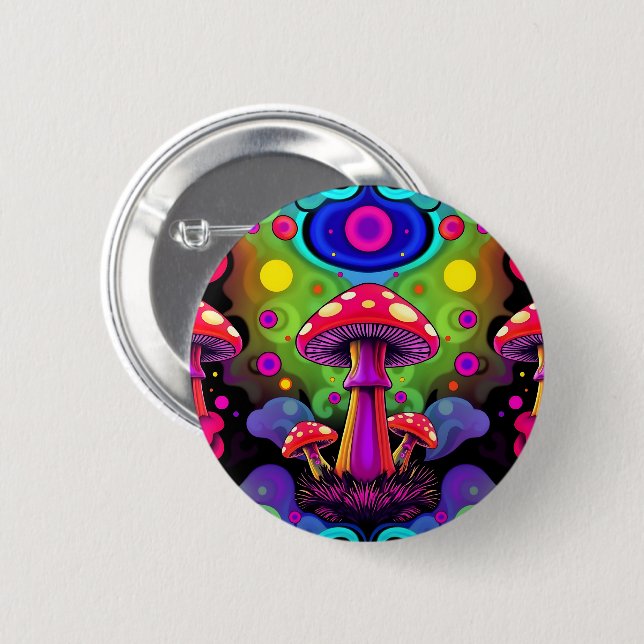 Psychedelic Vibrant Colourful Retro Mushrooms 2 Inch Round Button (Front & Back)