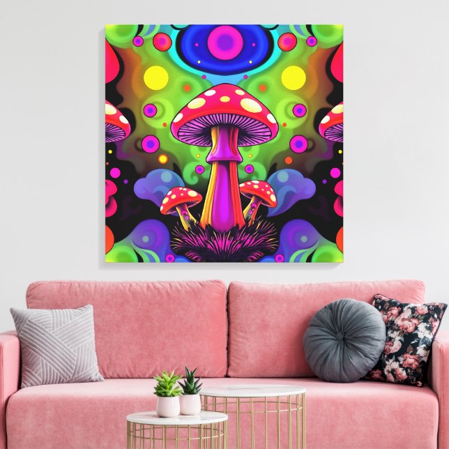 Psychedelic Vibrant Colourful Retro Mushrooms Canvas Print (Insitu(LivingRoom))