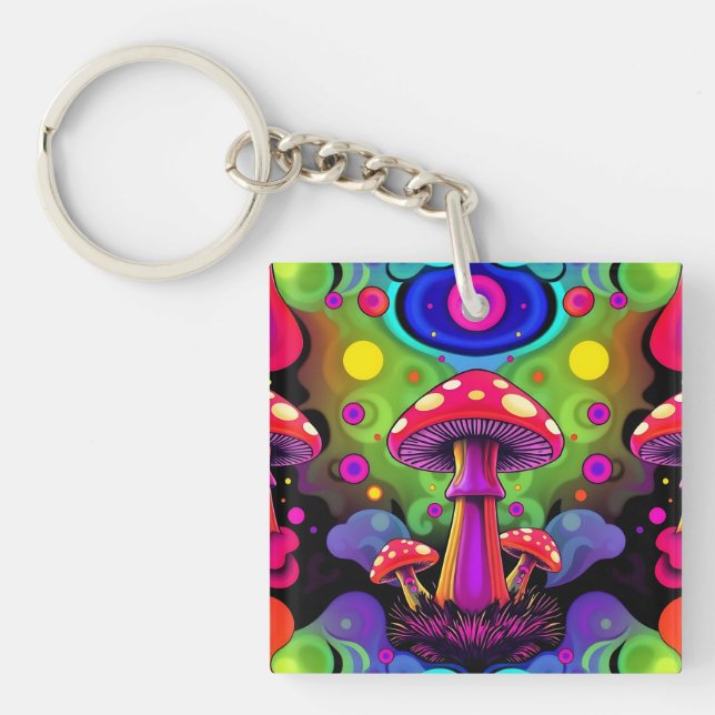 Psychedelic Vibrant Colourful Retro Mushrooms Keychain (Front)