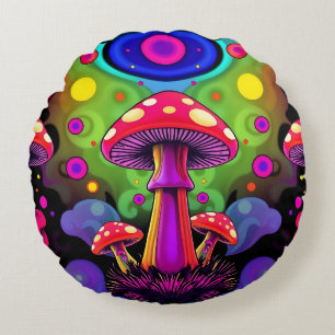 Psychedelic Vibrant Colourful Retro Mushrooms Round Pillow