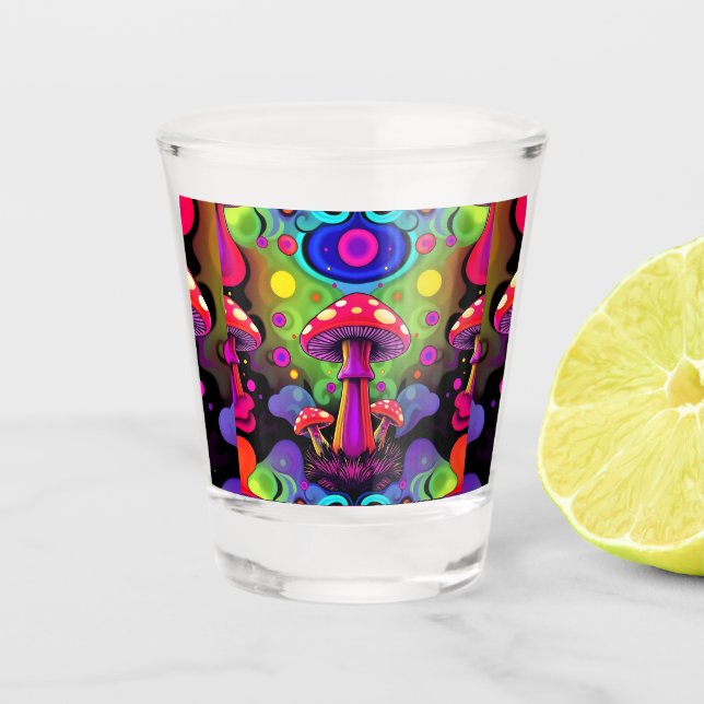 Psychedelic Vibrant Colourful Retro Mushrooms Shot Glass (Front)