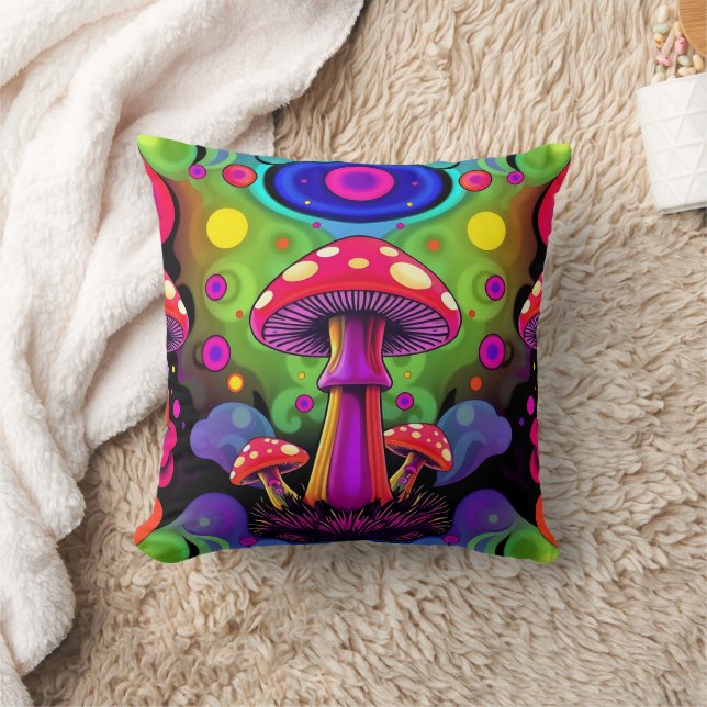 Psychedelic Vibrant Colourful Retro Mushrooms Throw Pillow (Blanket)