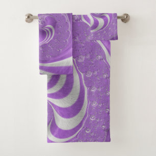 Psychedelic Violet White Fractal Striped Spiral  Bath Towel Set
