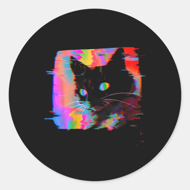 Psychedelic Weirdcore Cat Vaporwave Aesthetic Trip Classic Round Sticker (Front)