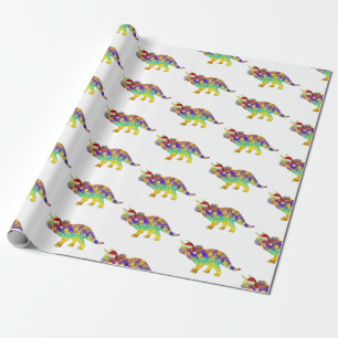 Psychedelic Xmas Triceratops Festive Dinosaur Kids Wrapping Paper