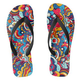 psychedelically colorful pattern flip flops