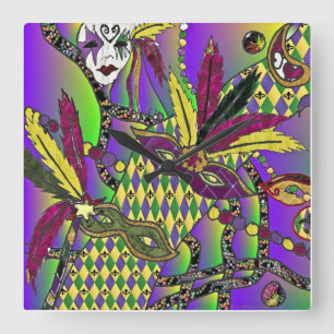 Psychédélique Mardi Gras Masques De Plumes Horloge