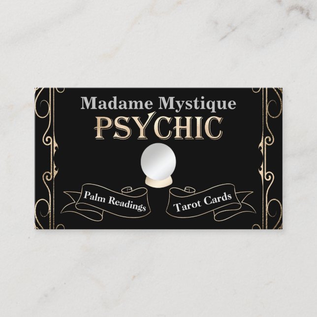 Psychic Crystal Ball Gold and Black Business Card (Front)