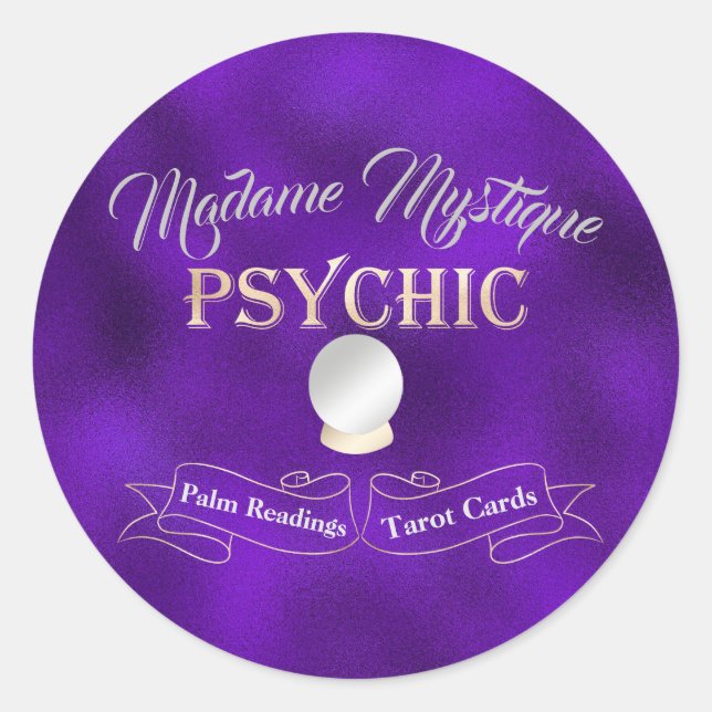Psychic Crystal Ball Gold and Purple Classic Round Sticker (Front)