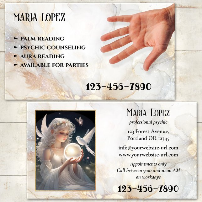 Psychic Palm or Aura Reader Photo Business Card (Business card featuring a dreamy ivory artistic design with a hand palm - palm reader - psychic)