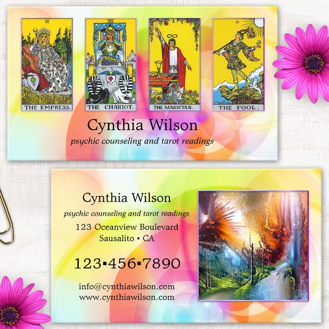 Psychic Tarot Reader Photo Business Card (Psychic tarot business card featuring your own photos framed by a colorful artistic background)