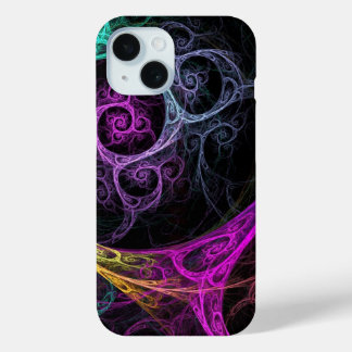 Psychodelic purple yellow and green design iPhone 15 case