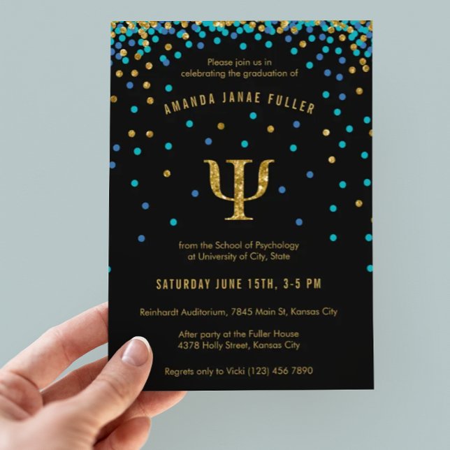 Psychologie Graduation Invitation Blue & Gold Psi (Créateur téléchargé)