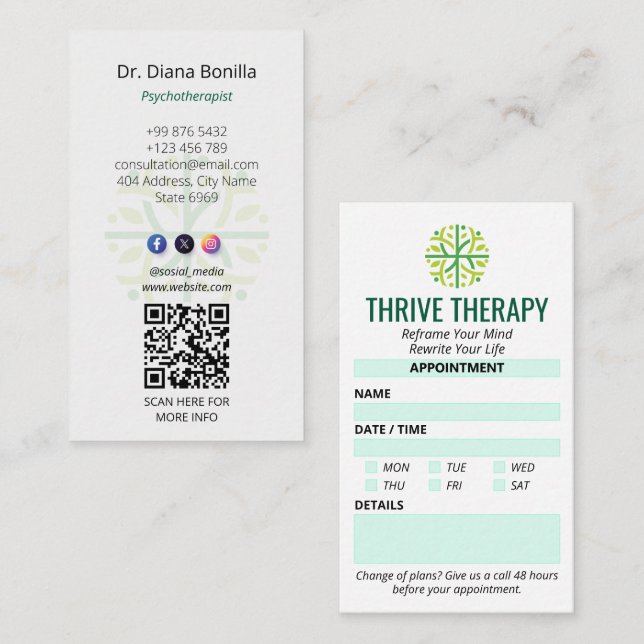 Psychologist Clinic Business | Modern Appointment Business Card (Front/Back)