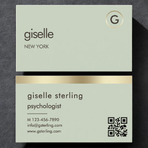 Psychologist Counselor Sage Green Gold QR Code  Business Card