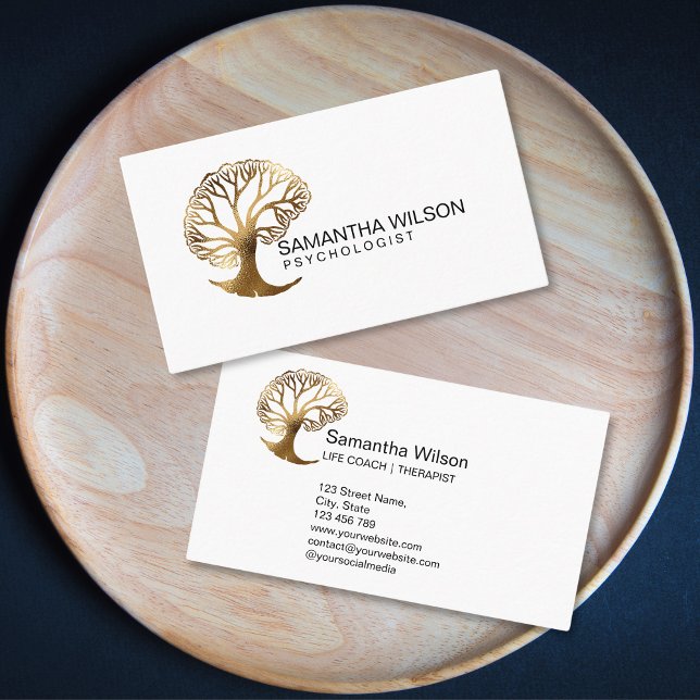 Psychologist Therapist Life Coach Psychiatrist  Business Card (gold brain tree logo business card)