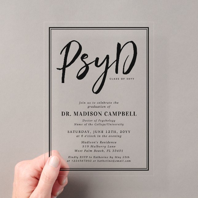 PsyD Doctor Of Psychology Graduation Party Acrylic Invitations (Insitu (Handheld))