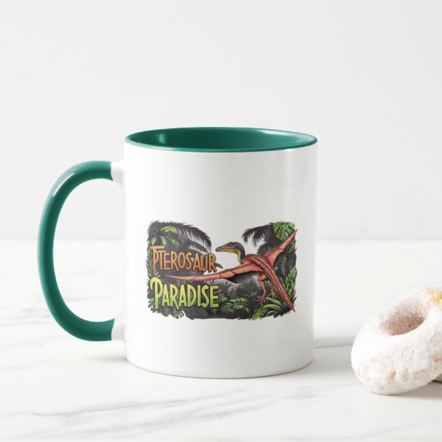Pterosaur Paradise - Flying Dinosaur Jungle Scene Mug (With Donut)