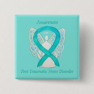 PTSD Awareness Ribbon Teal Angel Custom Art Pins