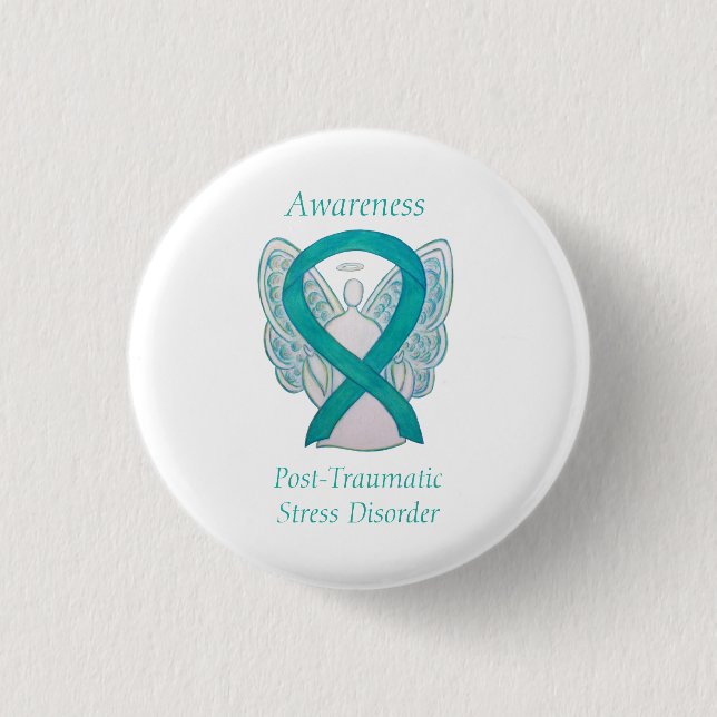 PTSD Awareness Ribbon Teal Angel Custom Art Pins (Front)