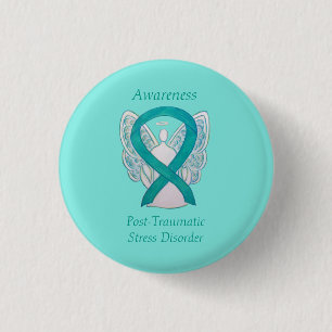 PTSD Awareness Ribbon Teal Angel Custom Art Pins