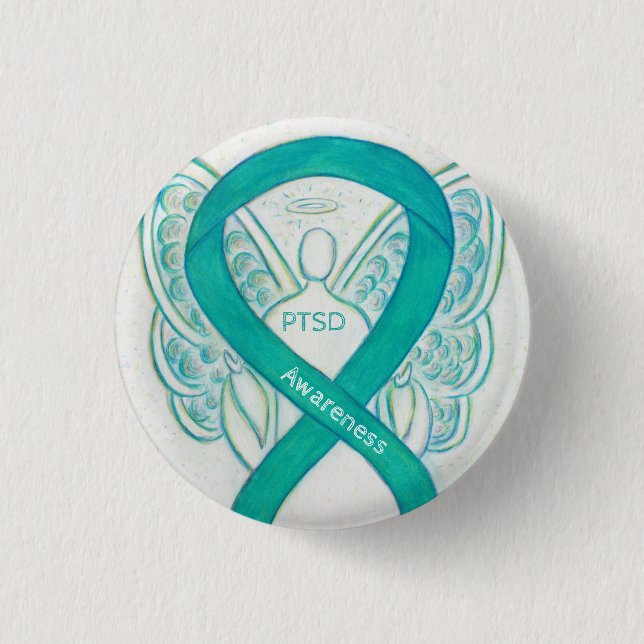 PTSD Awareness Ribbon Teal Angel Custom Art Pins (Front)