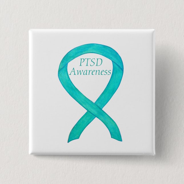 PTSD Awareness Ribbon Teal Custom Art Pins (Front)