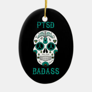 PTSD Badass sugar skull Ceramic Ornament