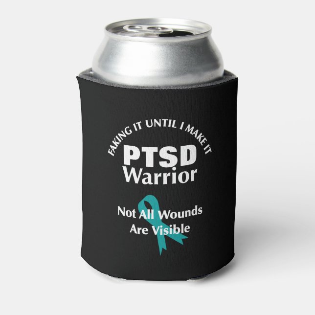 PTSD Warrior Teal Awareness Ribbon Can Cooler (Can Back)