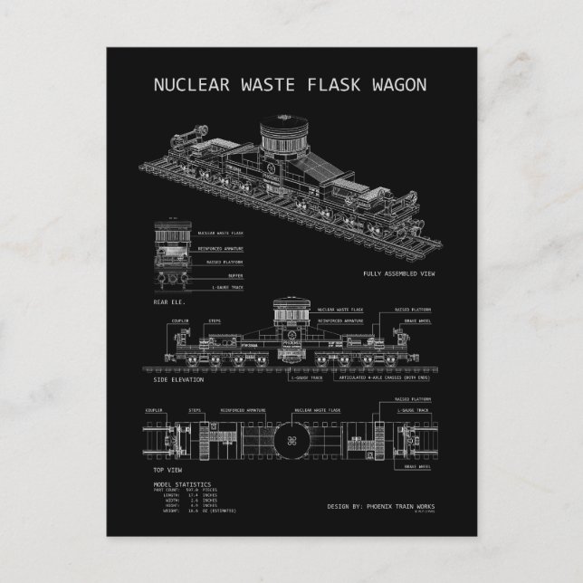 PTW Nuclear Waste Flask Wagon "Blueprint" Postcard (Front)