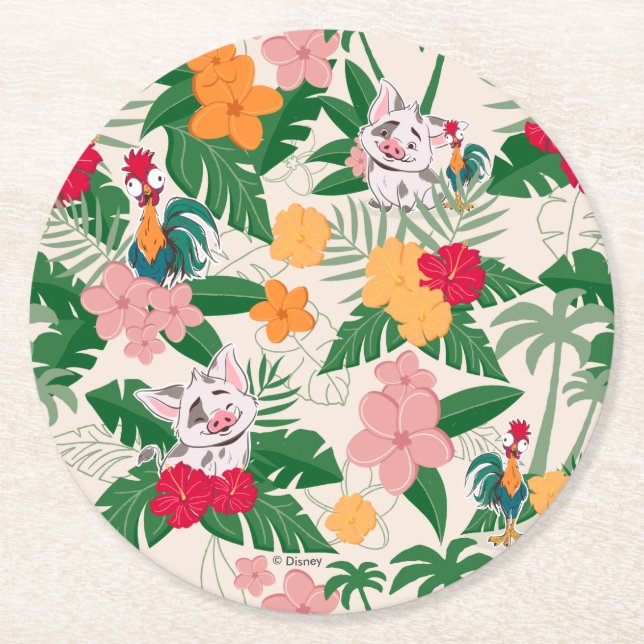 Pua and Heihei Tropical Pattern Round Paper Coaster (Front)