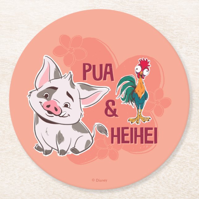 Pua & Heihei Floral Name Graphic Round Paper Coaster (Front)