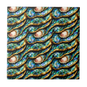Puau seashell blue gold pearl seamless pattern tile