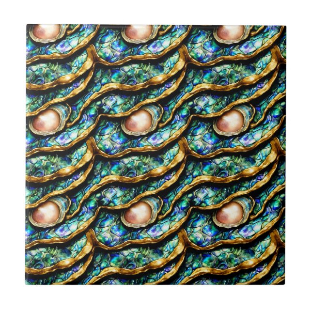 Puau seashell blue gold pearl seamless pattern tile (Front)