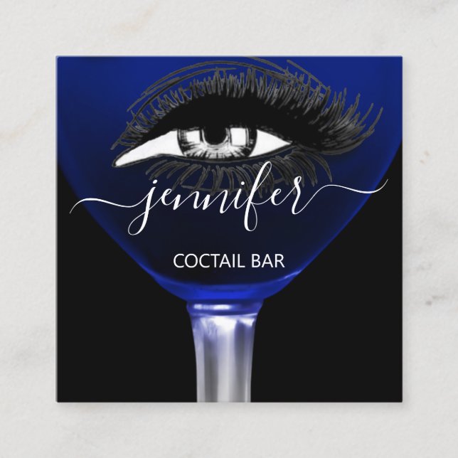 Pub Cocktail Blue Navy  Wine Bar Drink Glass Logo  Square Business Card (Front)