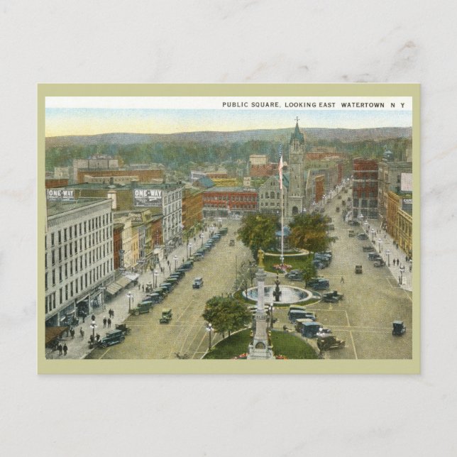 Public Square, Watertown NY 1928 Vintage Postcard (Front)